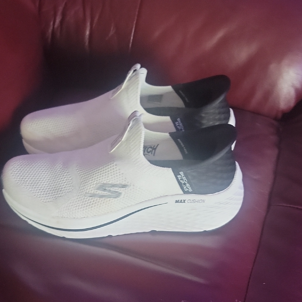 Skechers White and Black Max Cushion Slip-Ons